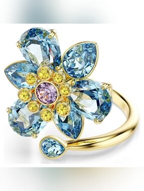 Swarovski Idyllia open ring - Mixed cuts, Flower, Blue, Gold-tone plated